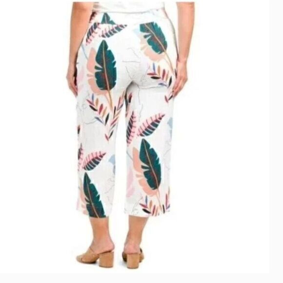 Cynthia Rowley Linen Pants Womens L Cream Tropical Print Wide Leg Crop Pull On - Picture 2 of 15